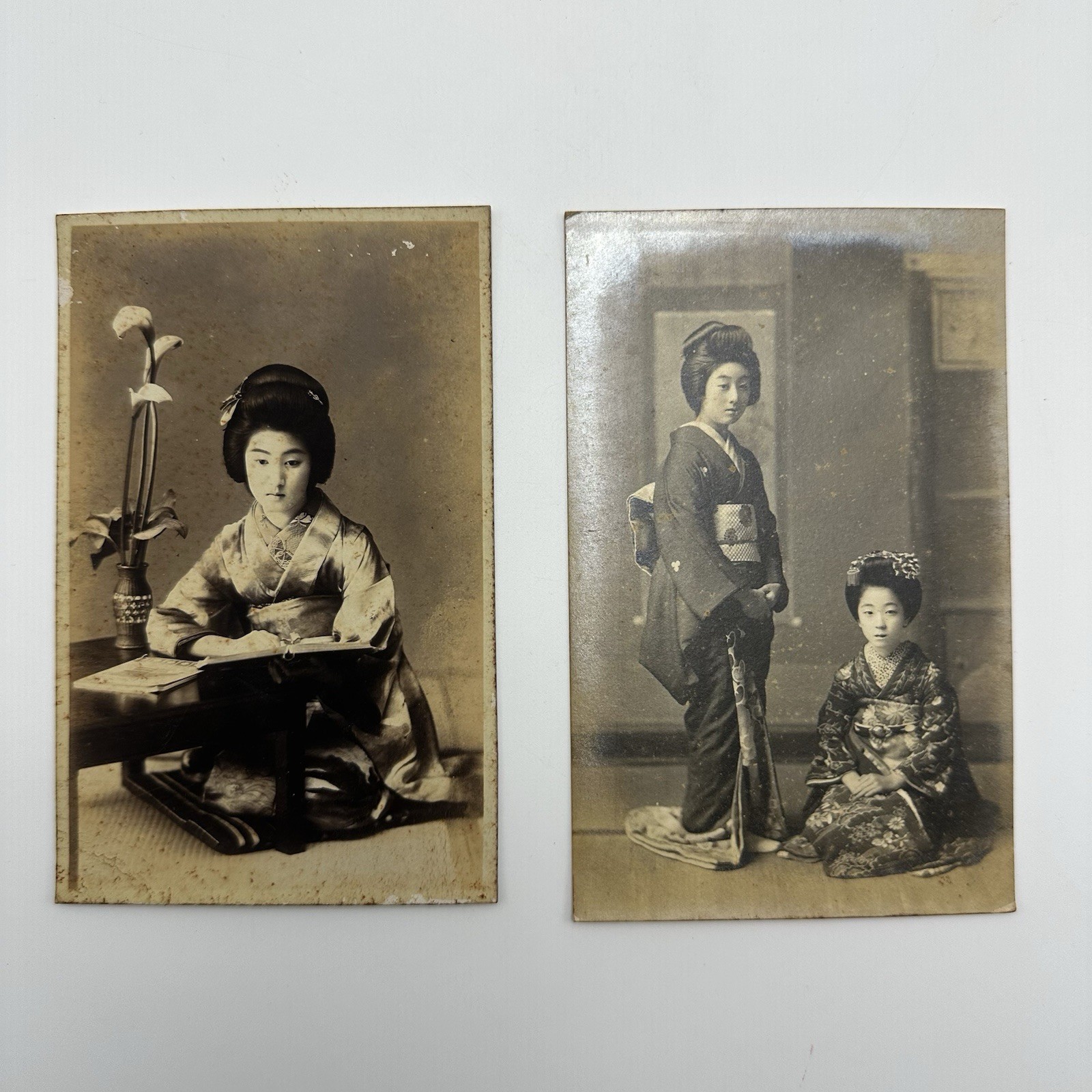 2 pcs Antique Japanese Cabinet Card Photos, Beautiful Women in Kimono