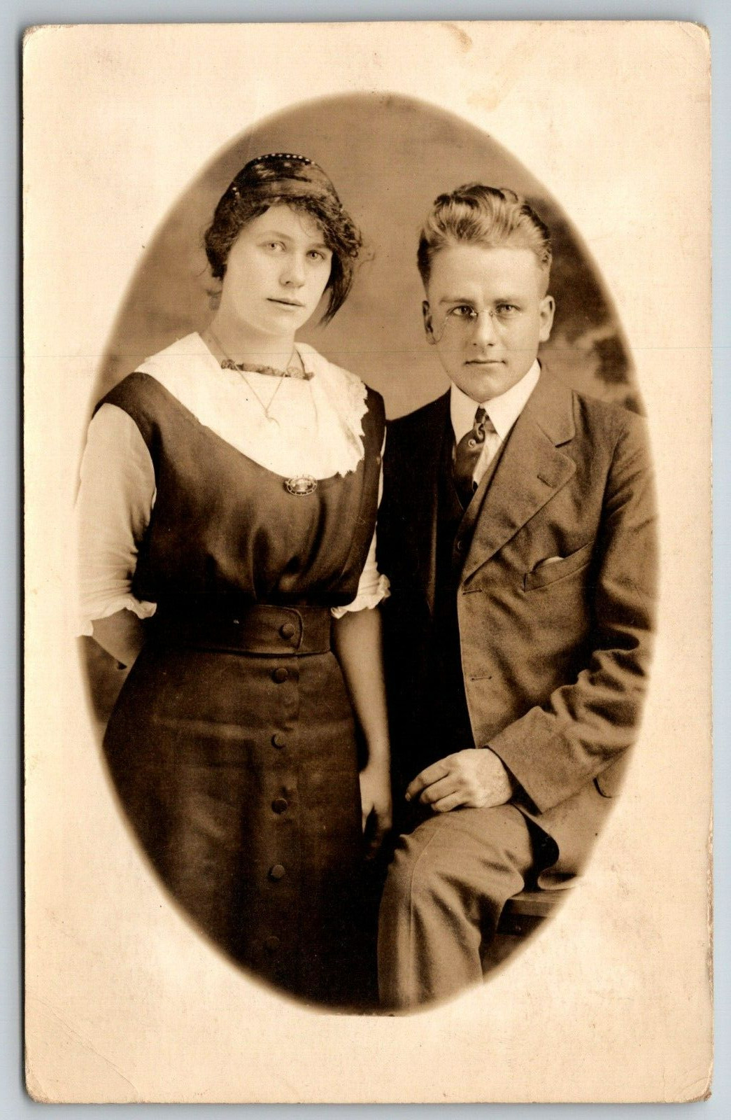 RPPC Real Photo Postcard Engagement Wedding Couple Glasses Fashion Romance Antiq