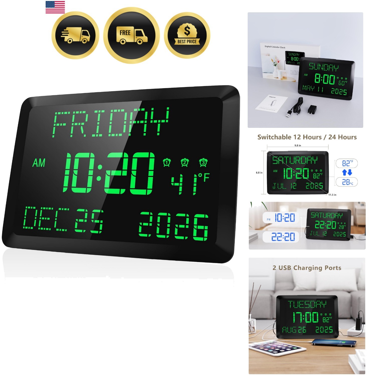 Day Clock Digital Large Display Calendar Clock with Temperature Snooze