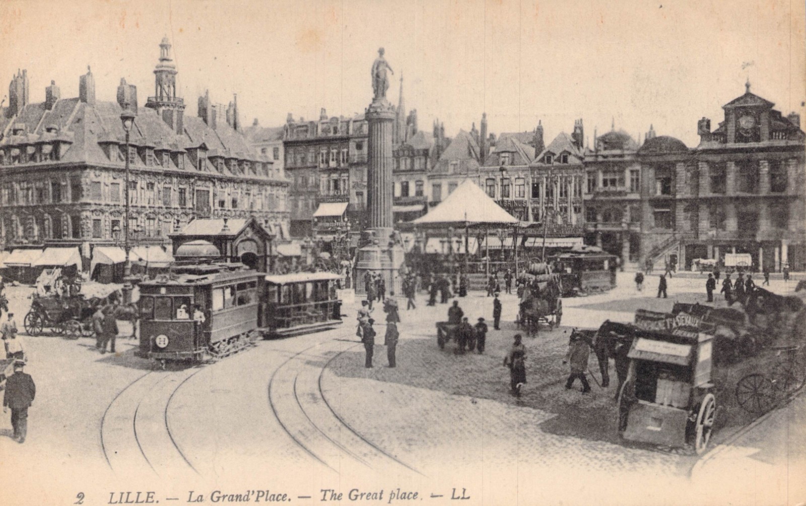 Lille France Grand \' Place Cables Cars  Vintage Postcard