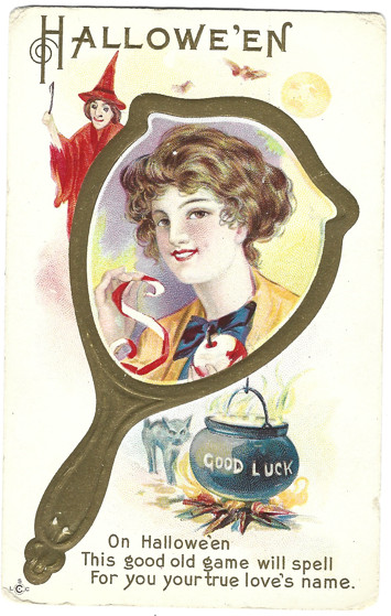 Atq Halloween Postcard Woman in Mirror Series 248 D Witch Cauldron Cat Unposted