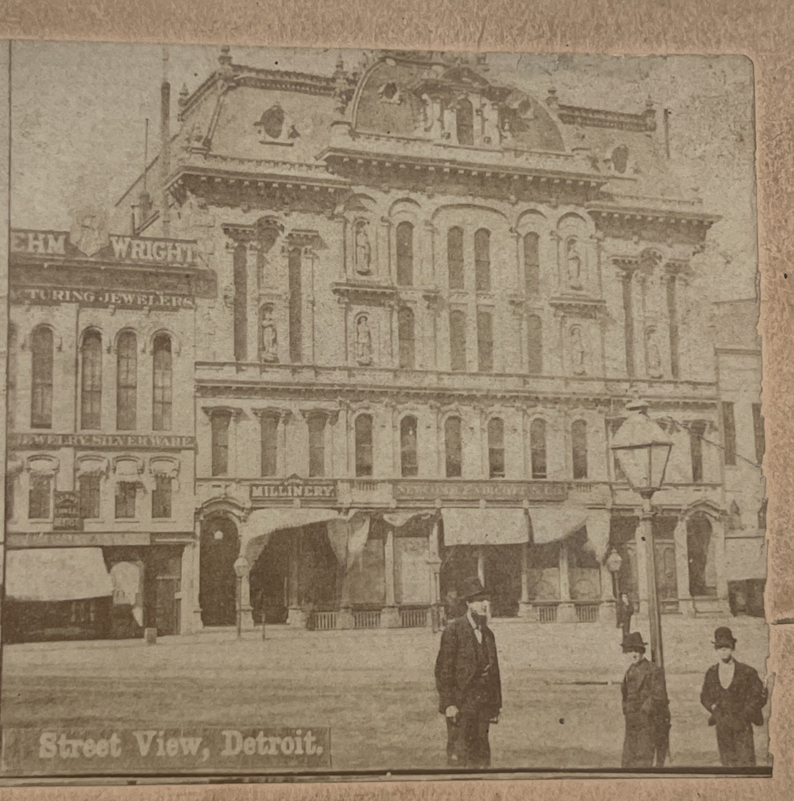 Antique Detroit MI Street View Photo Stereoview Businesses People Roehm & Wright