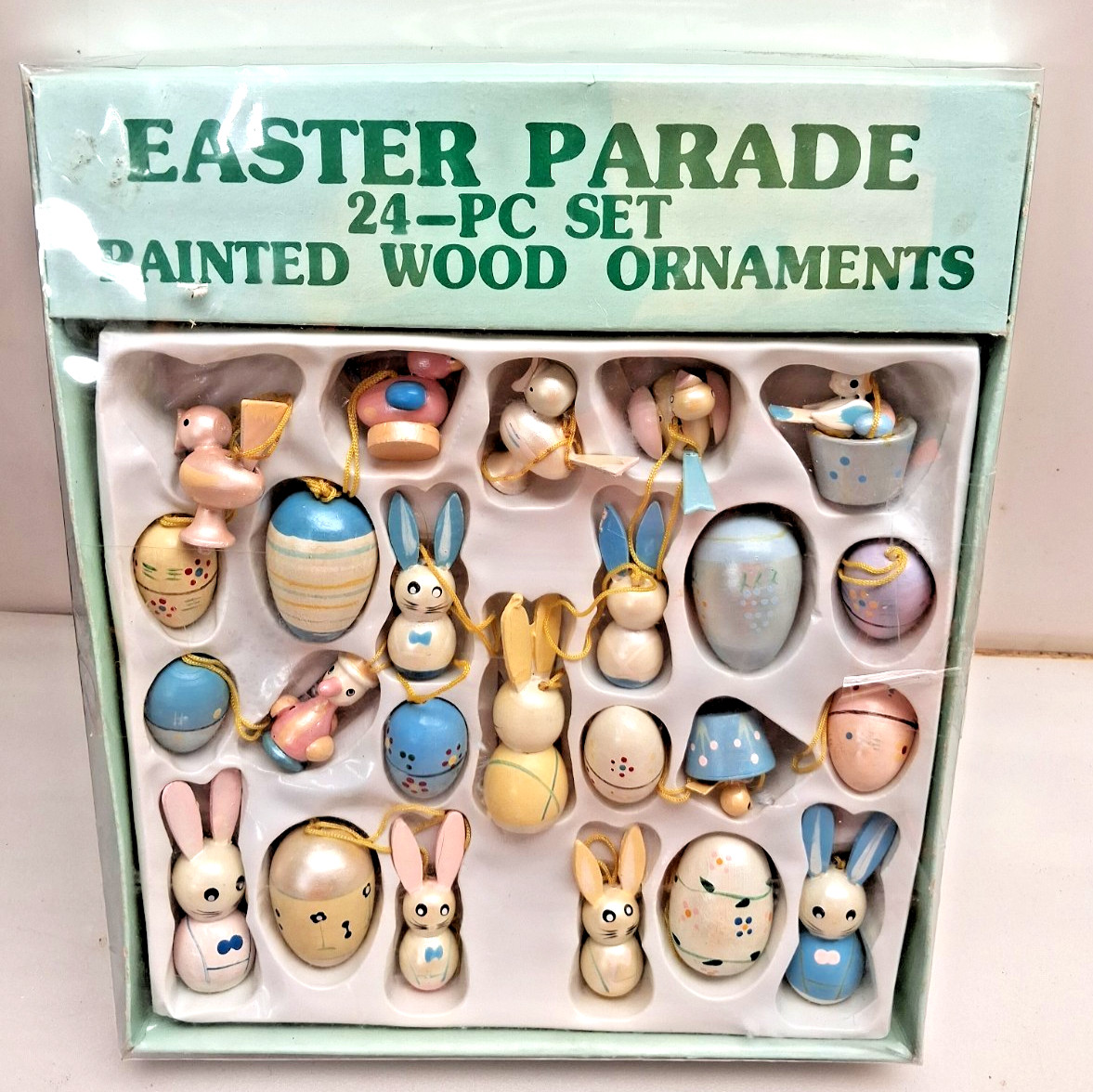 Easter Parade 24 Pc Painted Wood Ornaments Bunny Rabbit Eggs Chicks Set w/ Box
