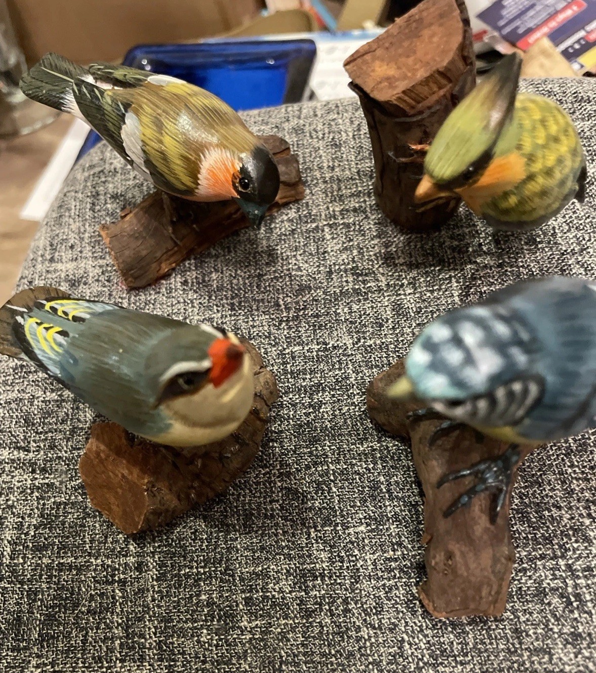 4 Vintage Hand Carved Painted Wooden Bird Figurines On Log Bases -Folk Art Style 4 Vintage Hand Carved Painted Wooden Bird Figurines On Log Bases -Folk Art Style