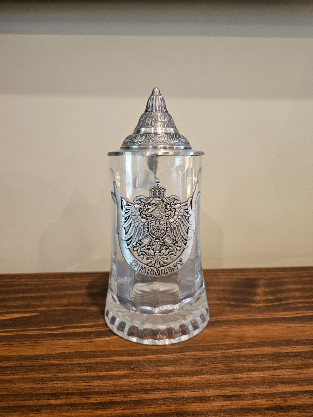 Vintage German Lidded Clear Glass Beer Stein with Pewter Eagle Crest
