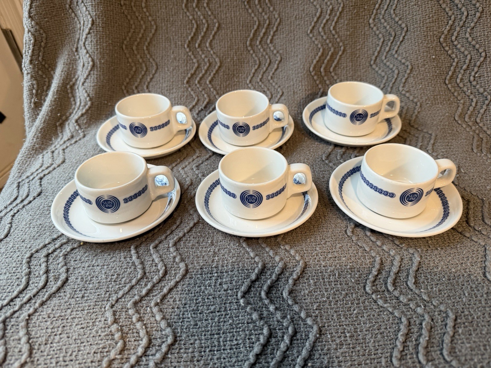 Vintage Sun Line Cruise Ship Teacup & Saucer Set Blue Logo Hotel Ware 12 Pieces