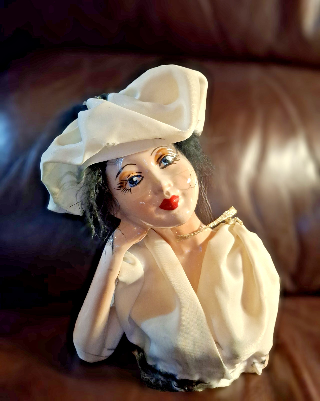 Vtg Bisque Chalkware Boudoir Half Doll Feathers Hat Pin Cushion? 1800's Style