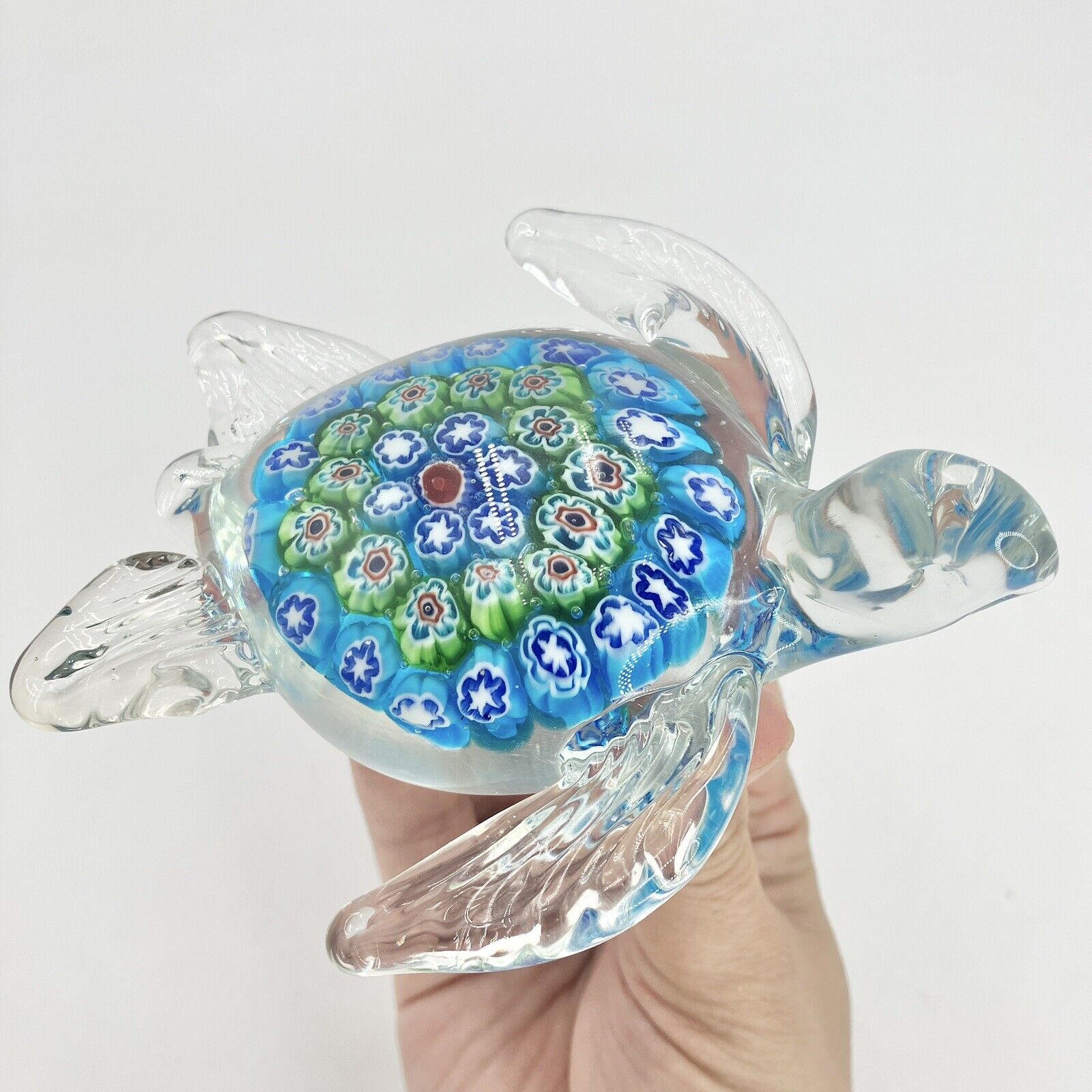 Hand Blown Art Glass Millefiori Sea Turtle Figurine Paper Weight 4.5”