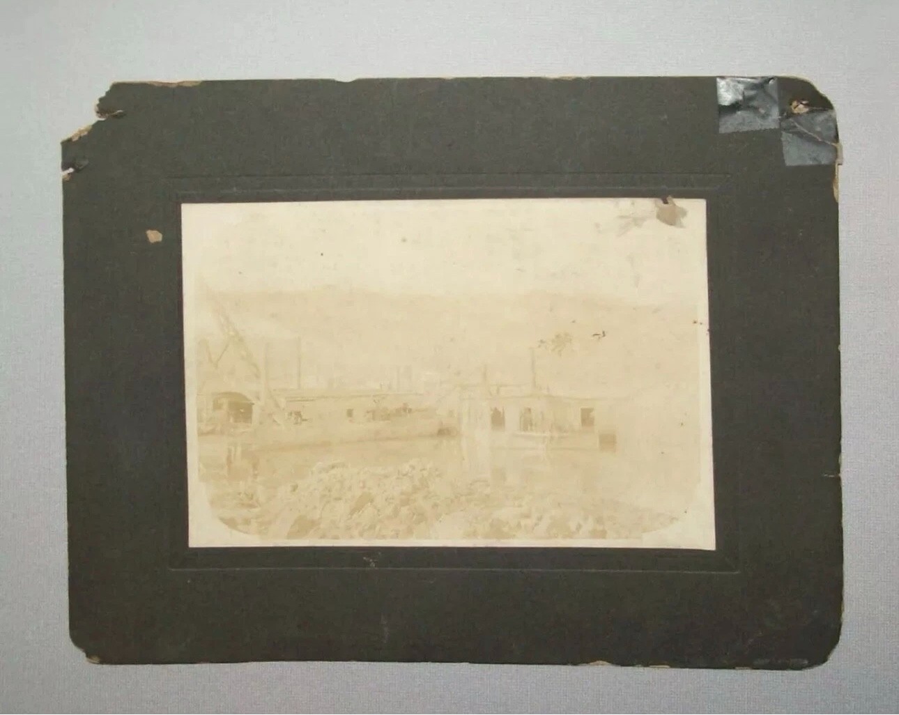 Old Antique Vtg Ca 1870s Mounted Photo Two Barges With Large Derrick Unusual