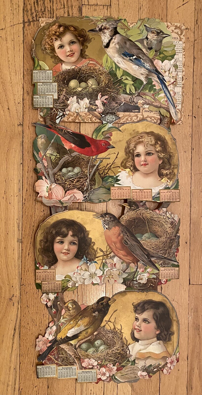 1905 Victorian Die-cut Children & Birds Illustrated Wall Display Calendar