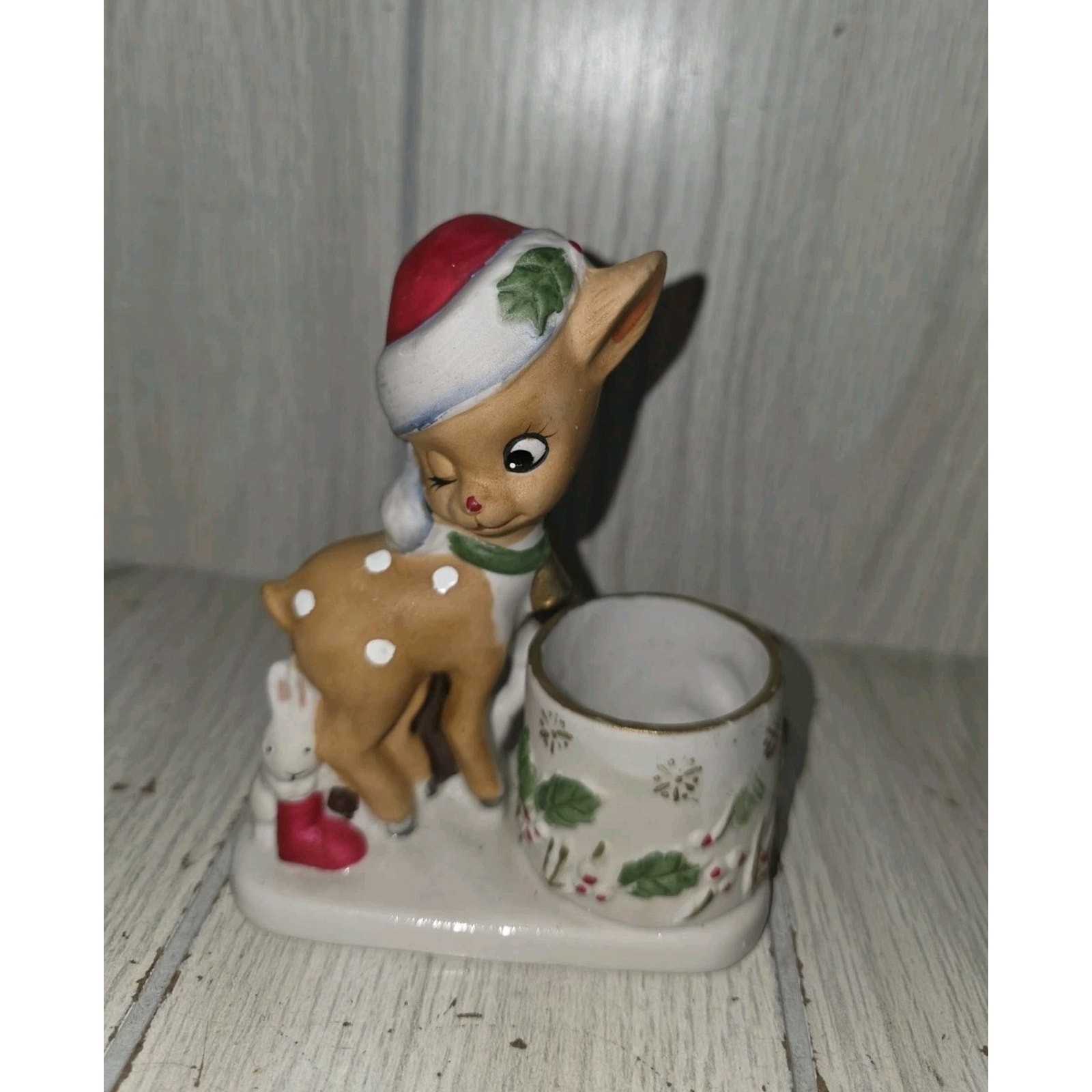 Vtg Jasco Little Winking Reindeer Candle Toothpick Holder Christmas Decoration