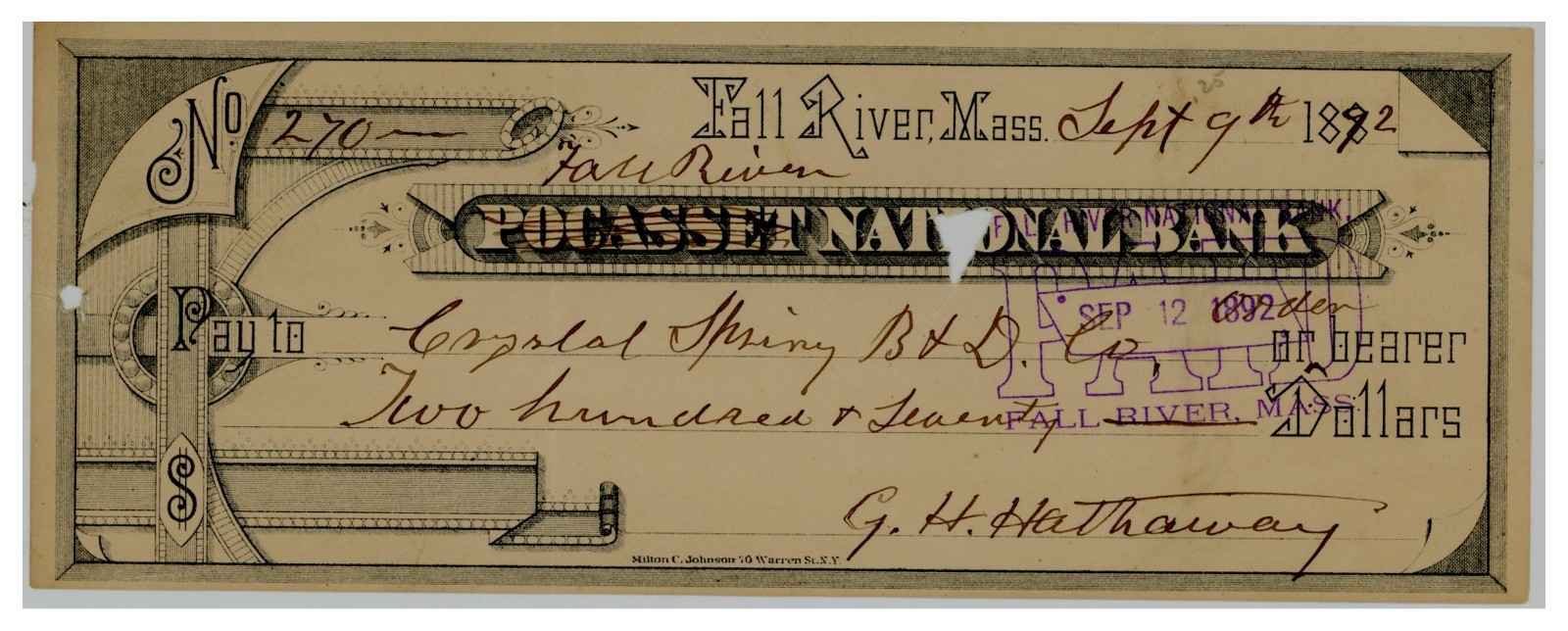 1892 Fall River Massachusetts Bank Check G.H. Hathaway to Crystal Spring B&D C