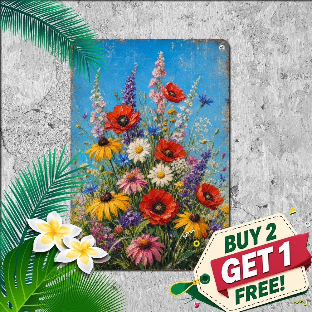Impasto Botanical Flowers Painting Metal Tin Sign Floral Garden Wall Art