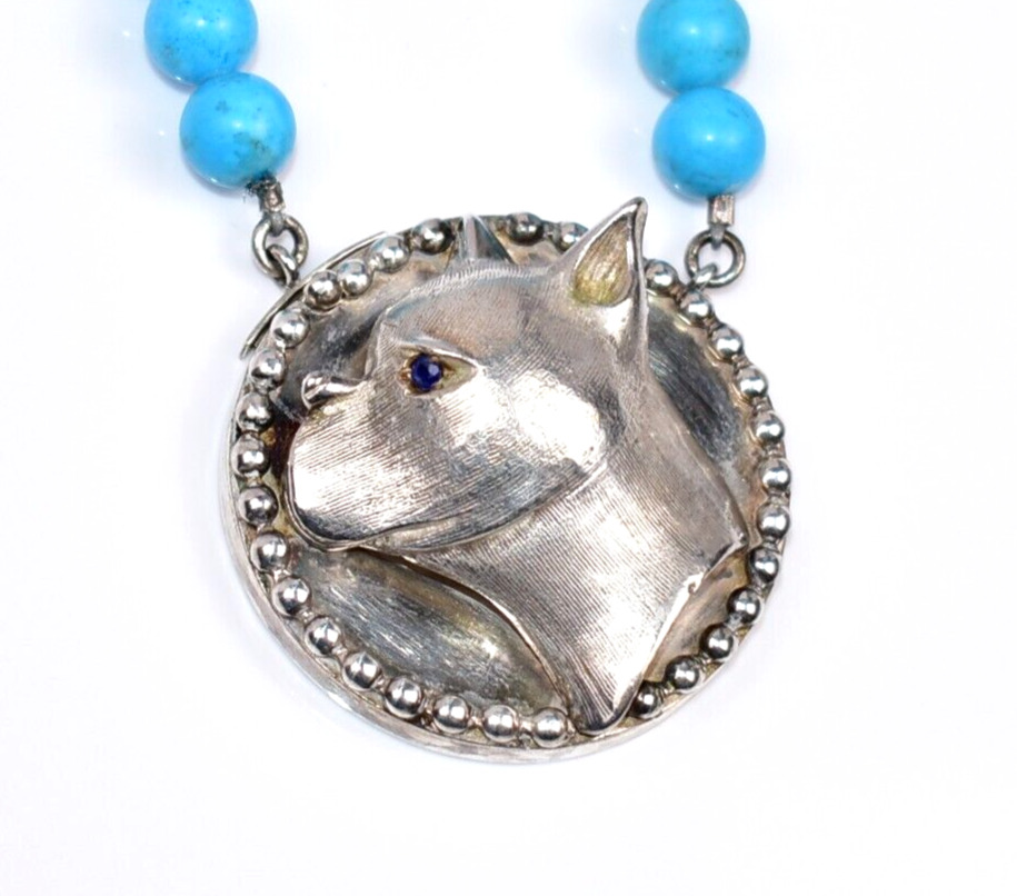 SOLID STERLING *PIT BULL* BLUE PASTE EYE TURQUOISE NECKLACE **74 GRAMS**