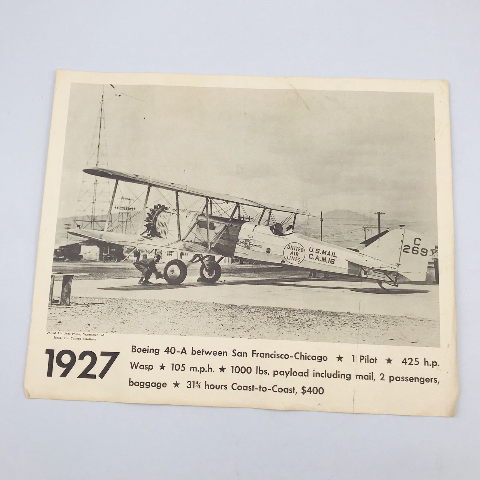 Vintage United Air Lines Photo Print 1927 Boeing 40-A Between SF-Chicago US Mail