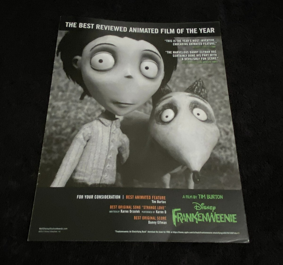 FRANKENWEENIE 2012 Oscar ad Tim Burton for Best Animated Film, Victor & Sparky