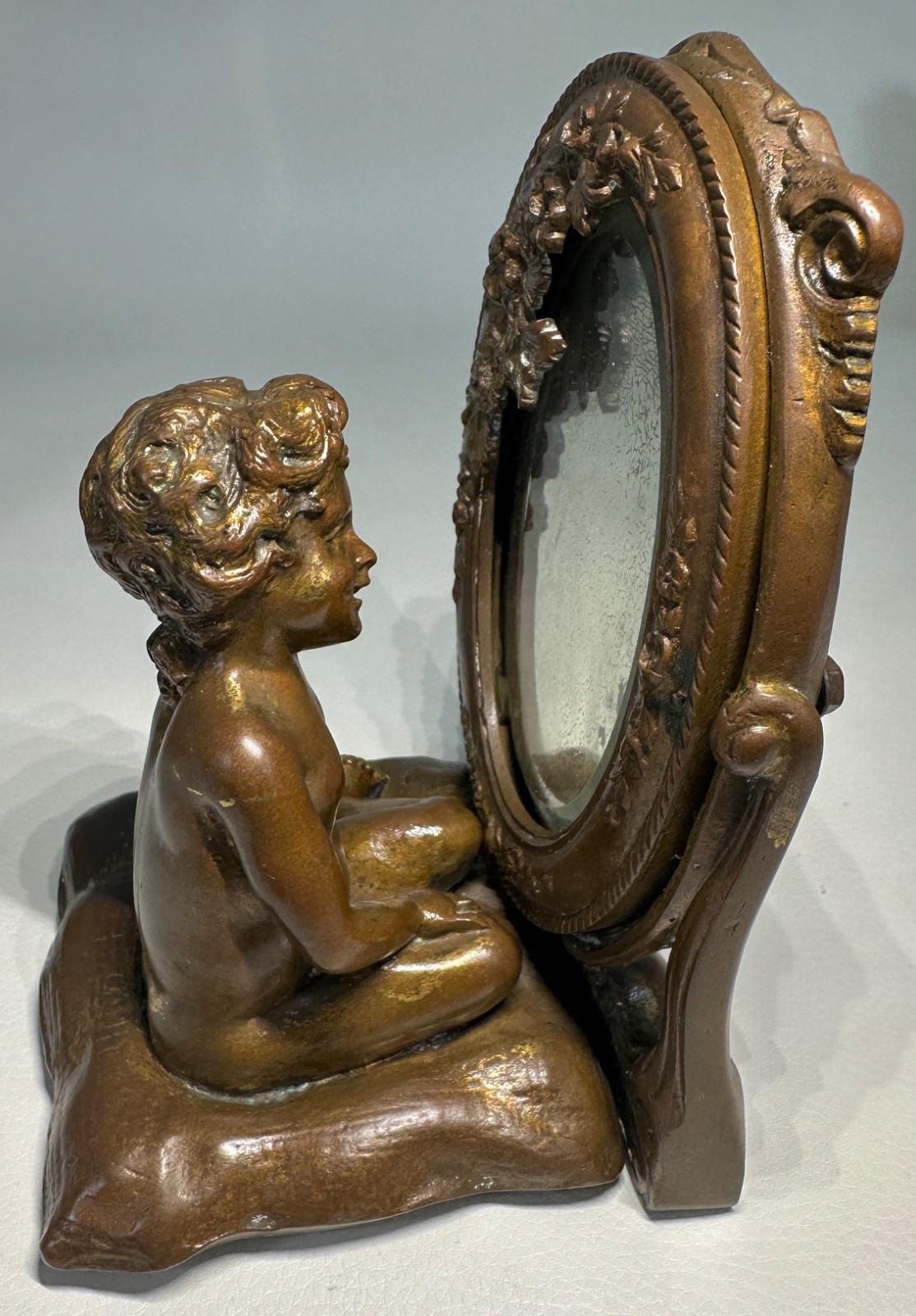 Antique French Bronze Sculpture Cherub Looking In Mirror Auguste Moreau Style