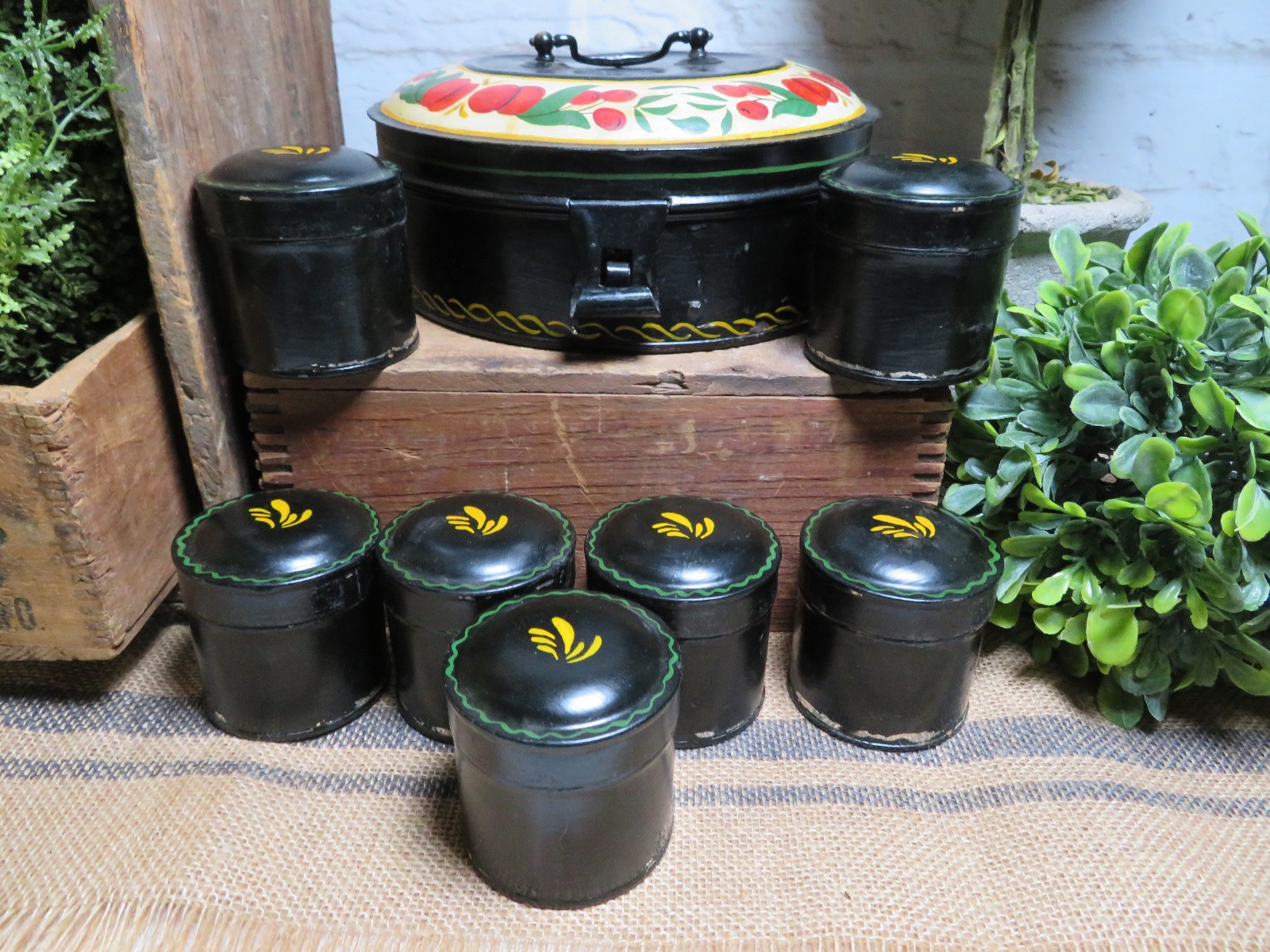 Vintage Folk Art Toleware Tin Canister 8pc Hand Painted PENNSYLVANIA Find