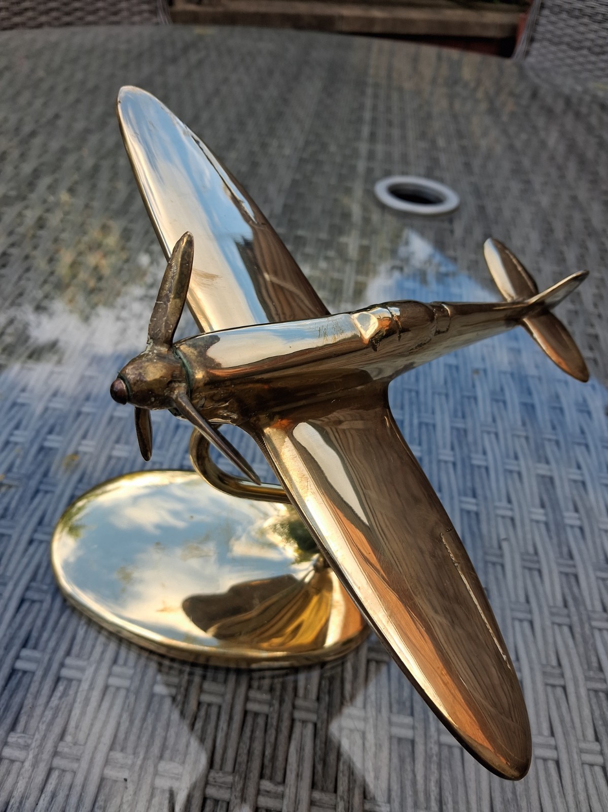 VINTAGE SOLID BRASS SPITFIRE WAR PLANE ON STAND MADE IN ENGLAND