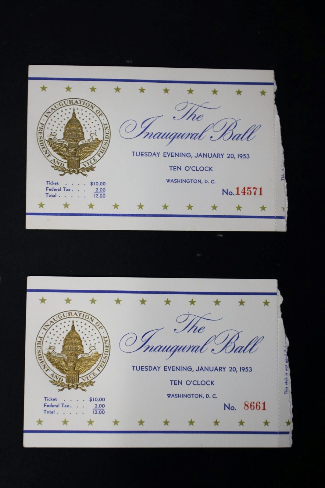 2 Eisenhower/Nixon Inaugural Ball Tickets January 20 1953