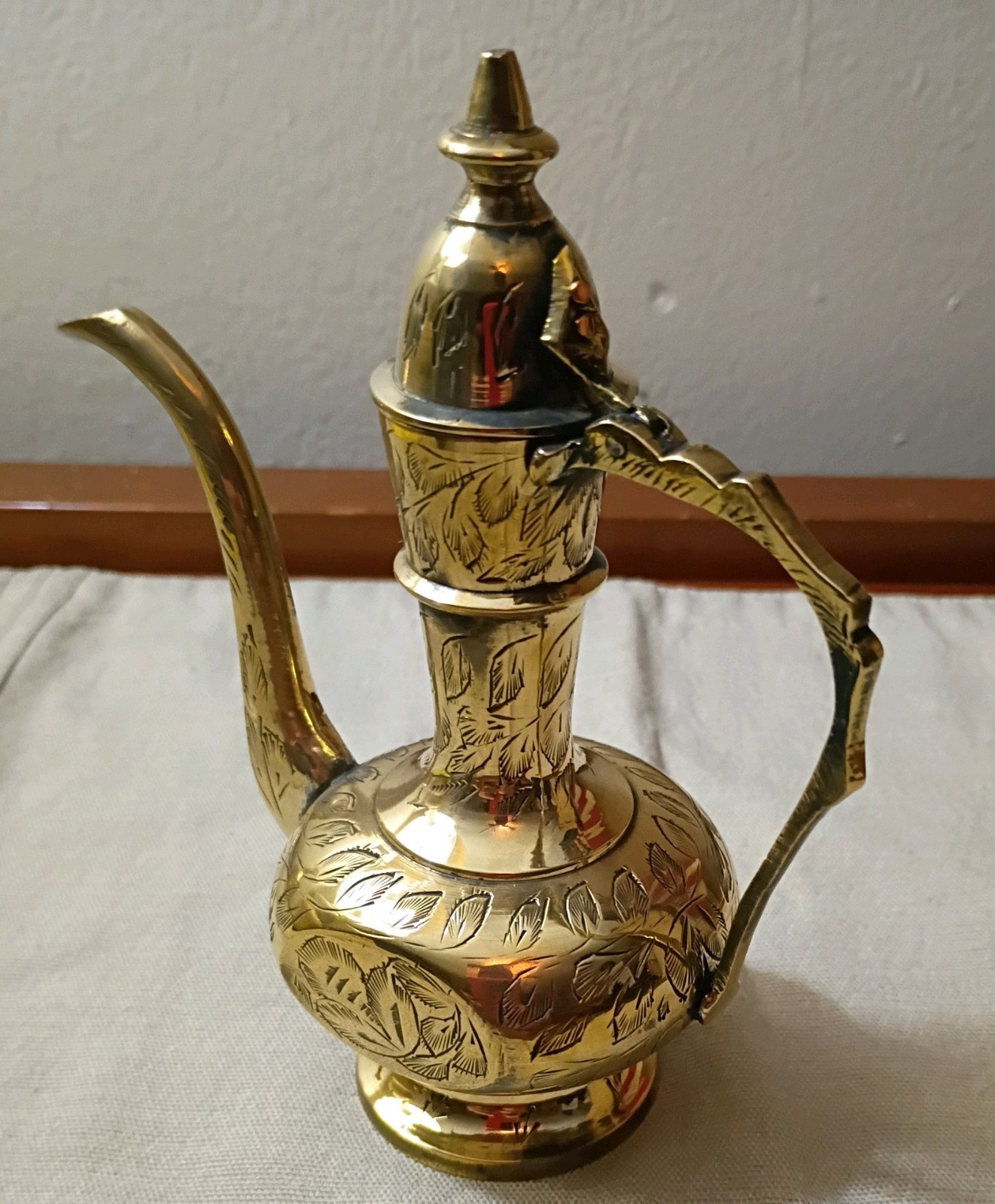Rare Vintage Engraved Polished Brass Aftaba Pitcher, Mid-20th Century