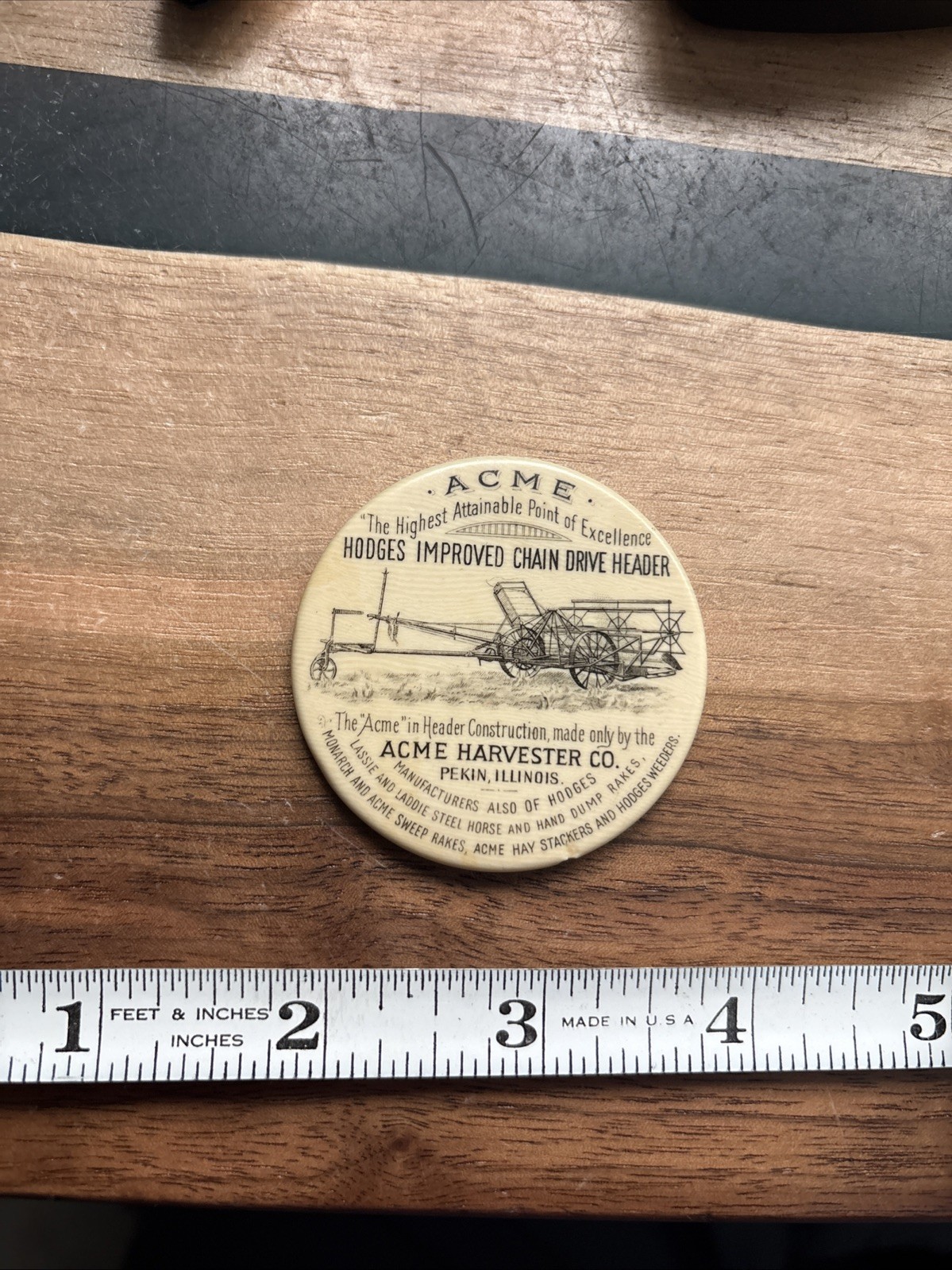 Rare Vintage Advertising Celluloid Pocket Mirror Acme Harvester Co Pekin IL 1890