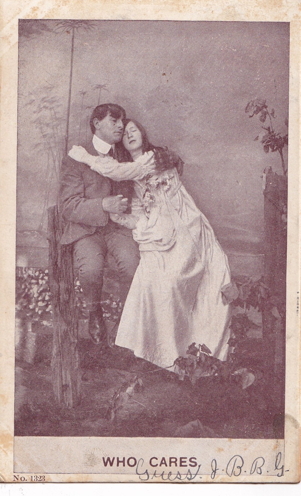 Antique Victorian Postcard Greeting Card Who Cares Couple 1323 Fence Sitting A0