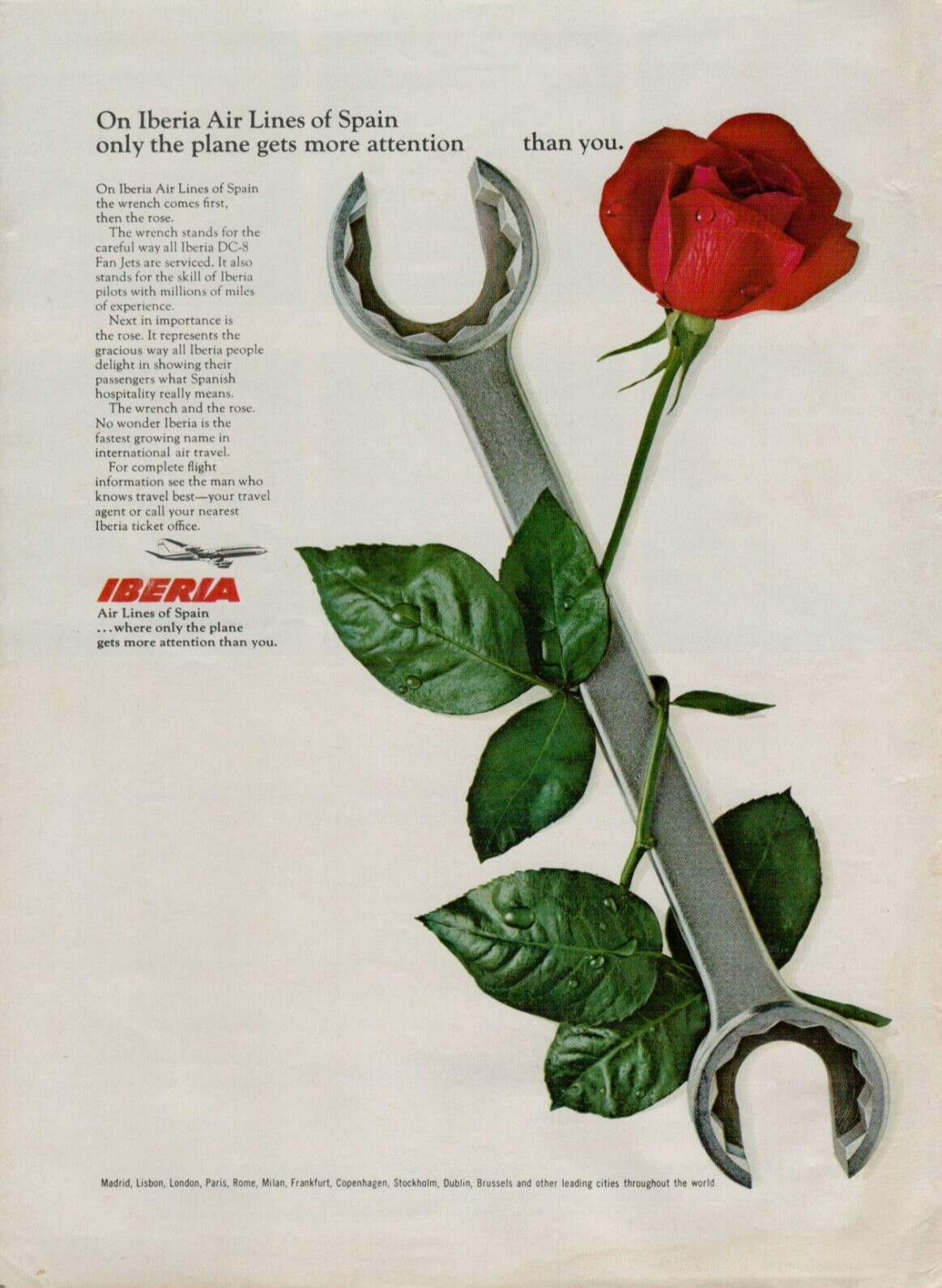 1968 Iberia Air Lines of Spain  DC-8 Fan Jets Wrench Rose VINTAGE PRINT AD