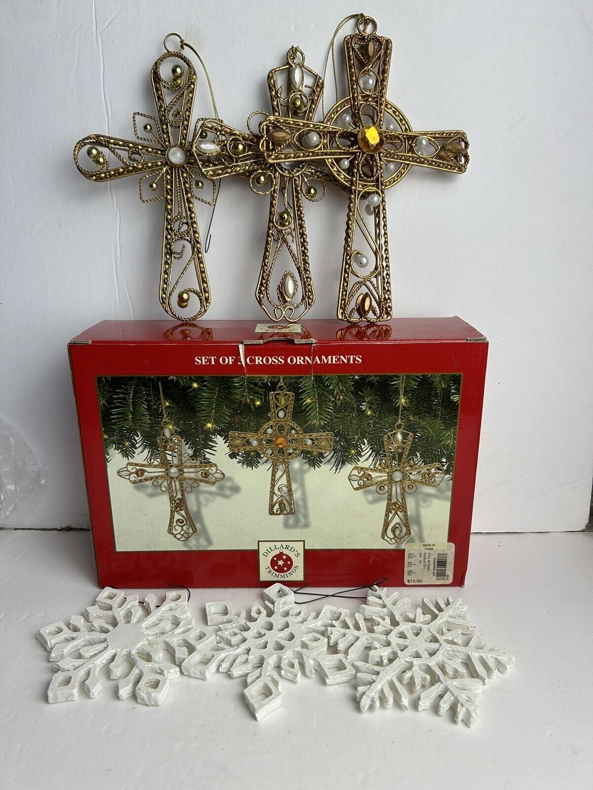 Dillards Trimmings Christmas Ornaments Set of 3 Cross Gold Tone 3 Snowflakes