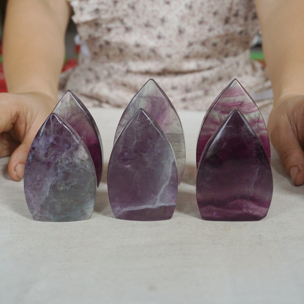 2.2LB 6Pcs Natural Purple Fluorite Quartz Crystal Point Flame Palm Stone Healing