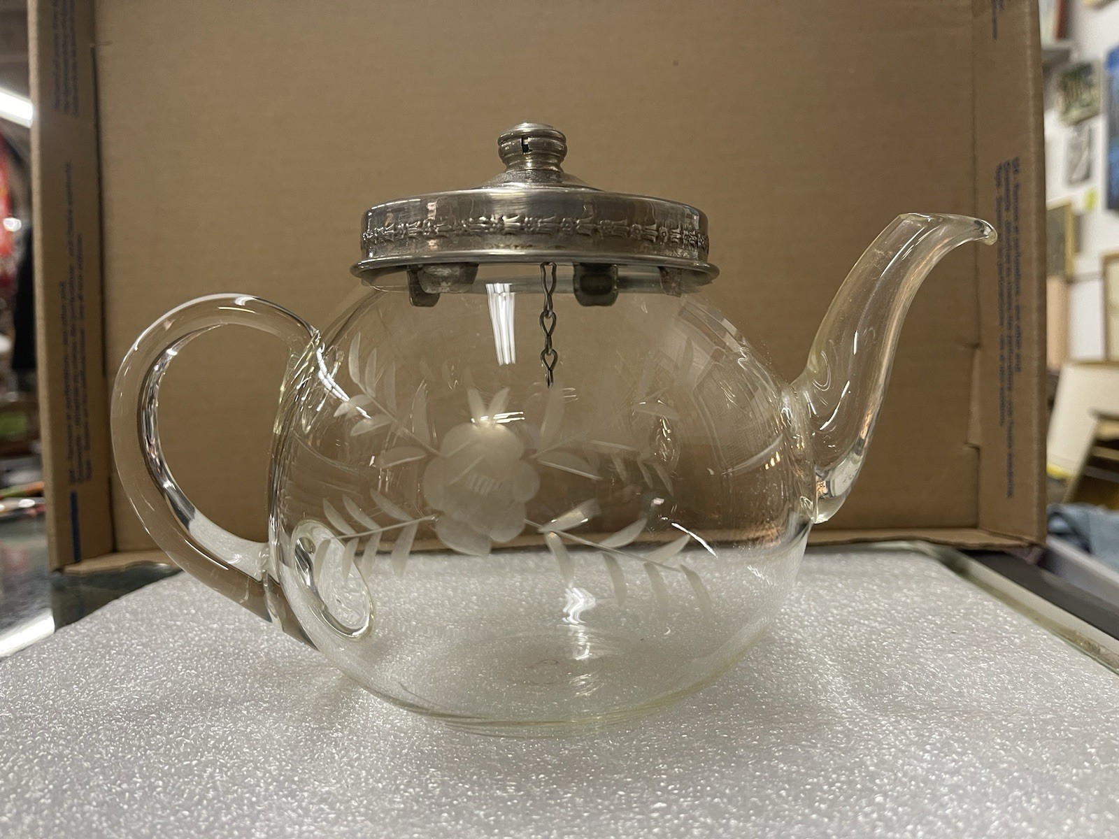 Rare Antique 1920’s Pyrex Etched Glass Teapot Frederick Carder Corning Metal Lid