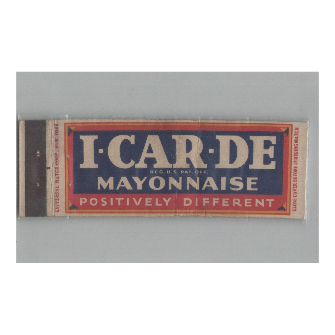 1920s-1930s Full Length Universal Match Matchbook Cover I-Car-De Mayonnaise