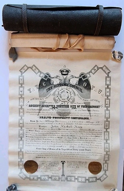 Antique 1904 Free Mason Certificate Reverend John Haskell Keep 32nd Degree 