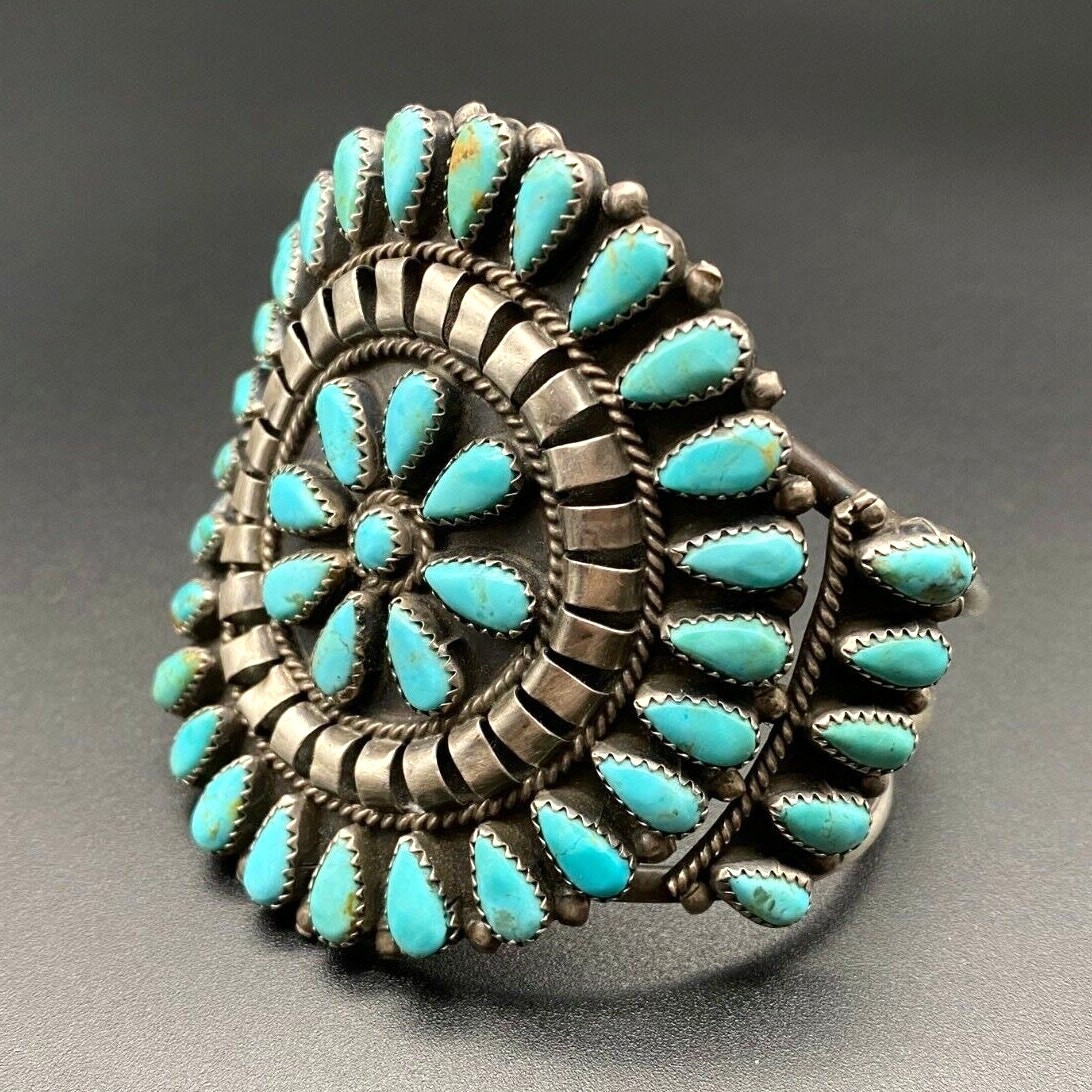 Vintage Navajo Native Turquoise Cluster Sterling Silver Bracelet Cuff 7-1/8\