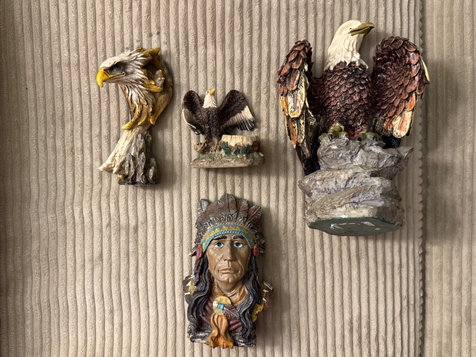 Lot of 4 Vintage Native American Chief Bust & Bald Eagle Resin Figurines