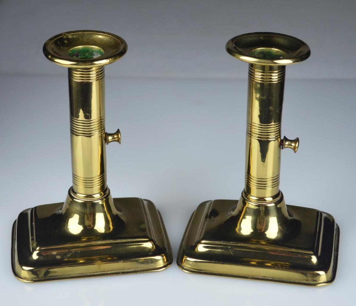 ANTIQUE PAIR 19C. ENGLISH BRASS PUSH UP CANDLE STICK HOLDERS - TURNER & CO