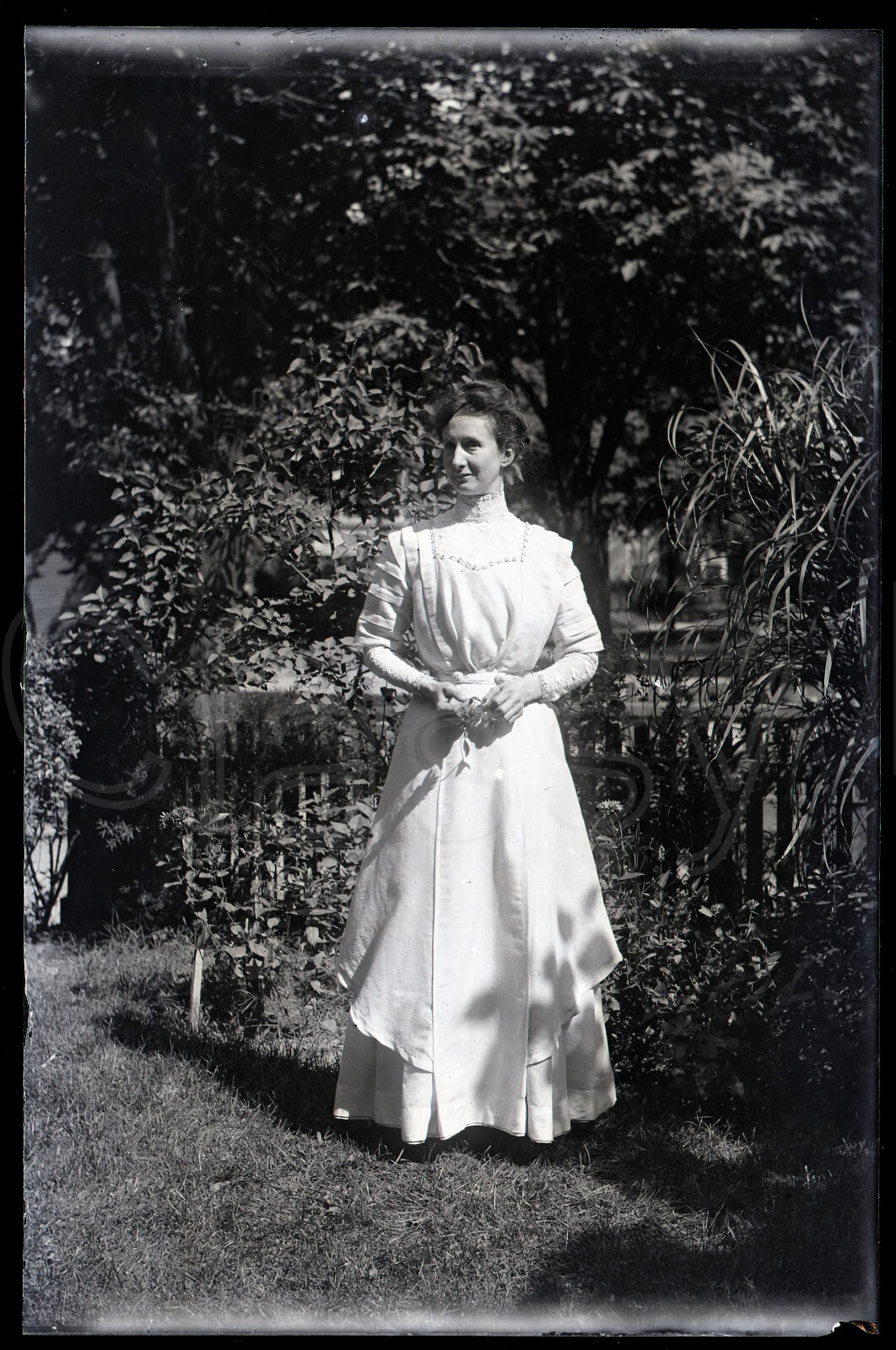 Antique Negative Glass Slide Americana Young Woman Mother White Dress #B86