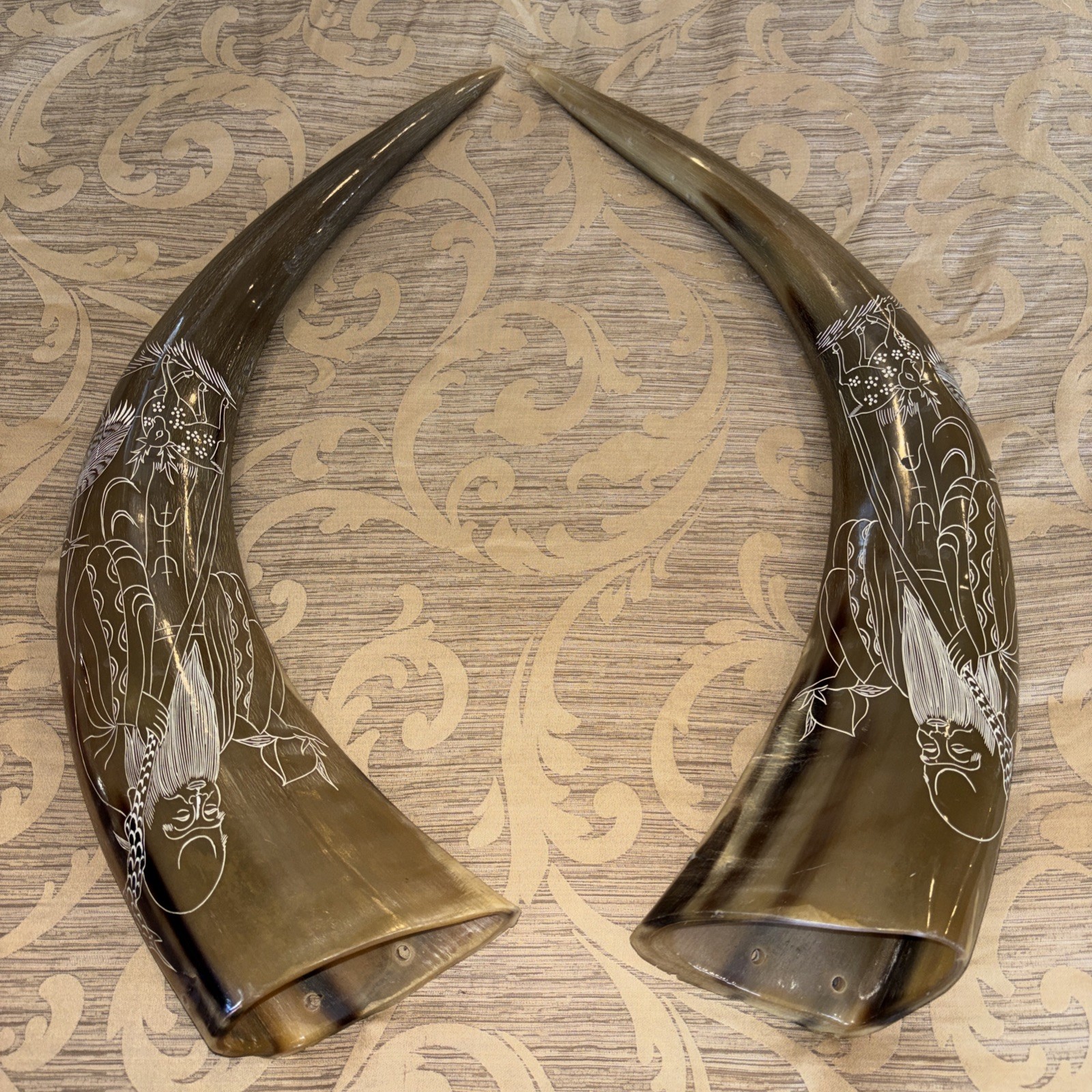 Carved Water Buffalo Horns Pair 22” Tall