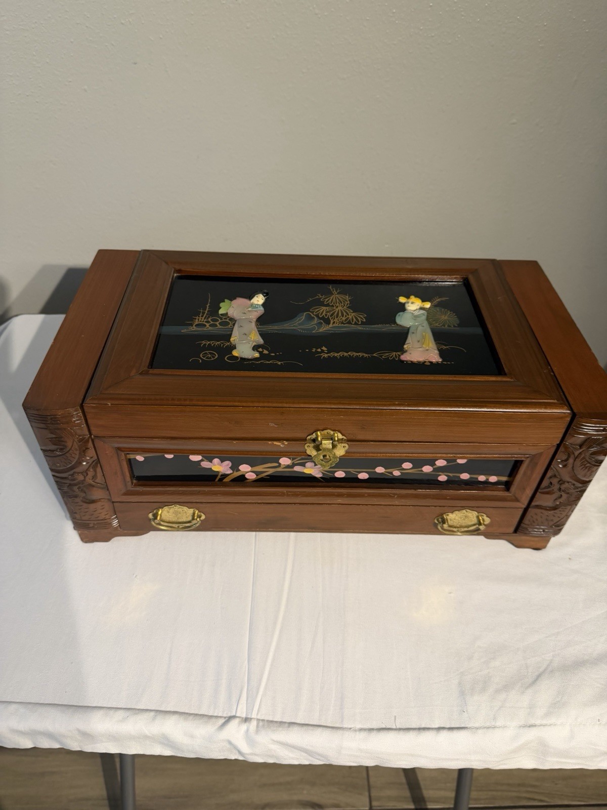 Vintage Chinese Jewelry Box With Carved Jade Inlays