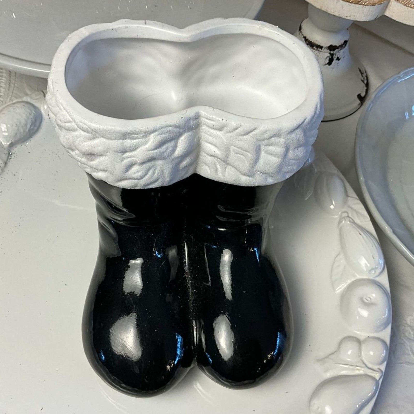 Absolute best  Vintage Ceramic Santa Boot Planter Black Boot Planter