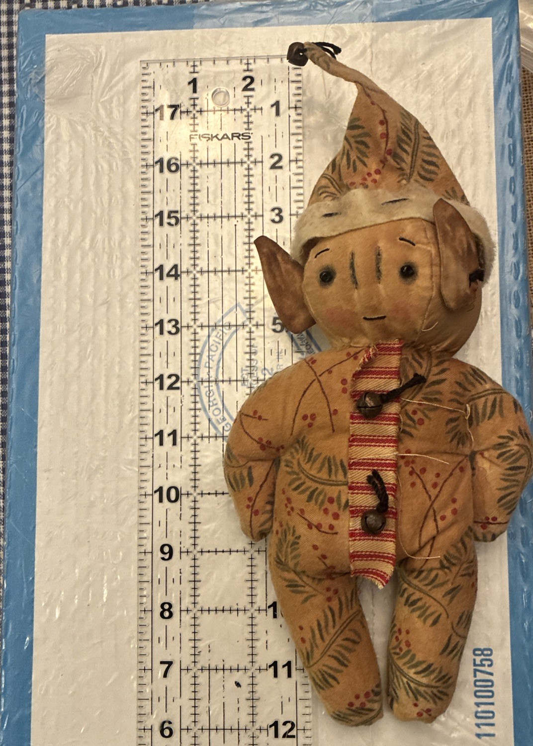 Vintage Primitive Elf Baby RicktyRackRaggedy Tea Dyed Christmas Decoration 12”