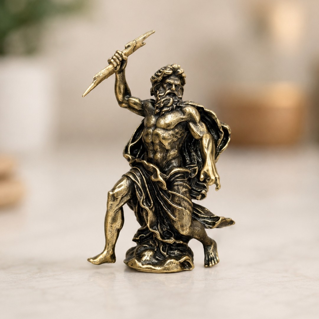 Miniature Zeus Figurine Solid Brass Greek Mythology Statue Small Desk Decor...