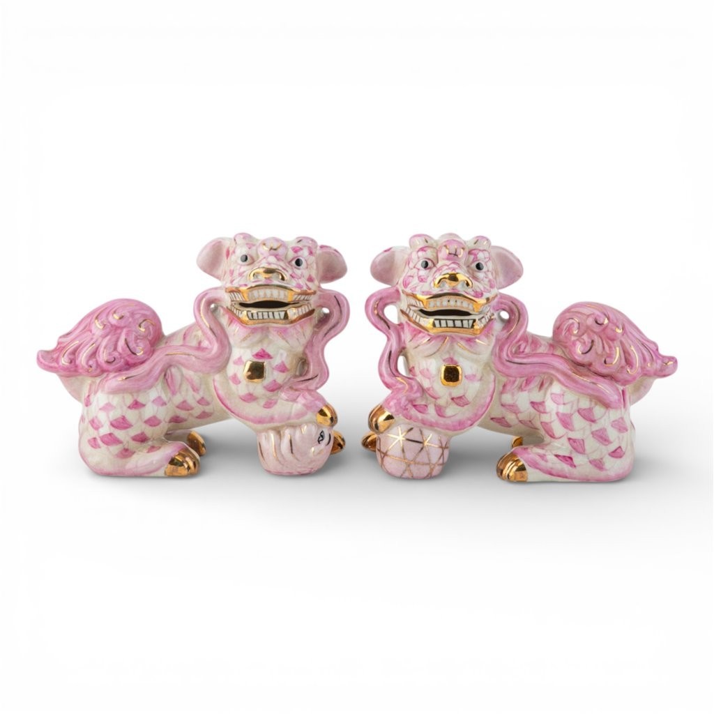 pr. Porcelain pink Fishnet fish net Chinese oriental foo dogs figurines