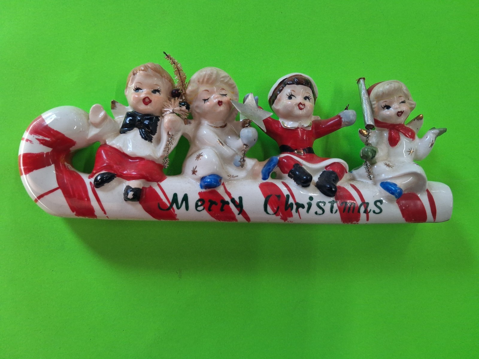 Vintage Commodore Merry Christmas Candy Cane Kids on Sleigh/Box