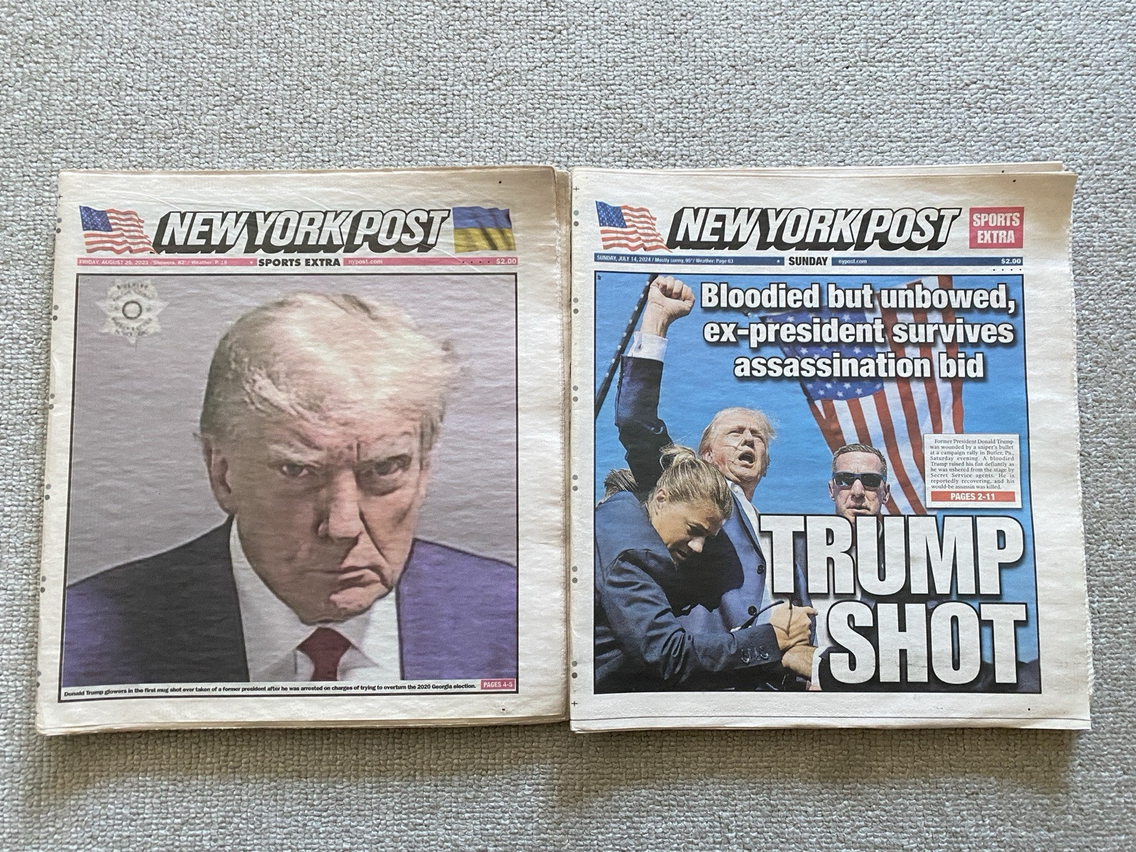 TWO HISTORIC TRUMP NEWSPAPERS: TRUMP SHOT ASSASSINATION AND MUGSHOT NY POST
