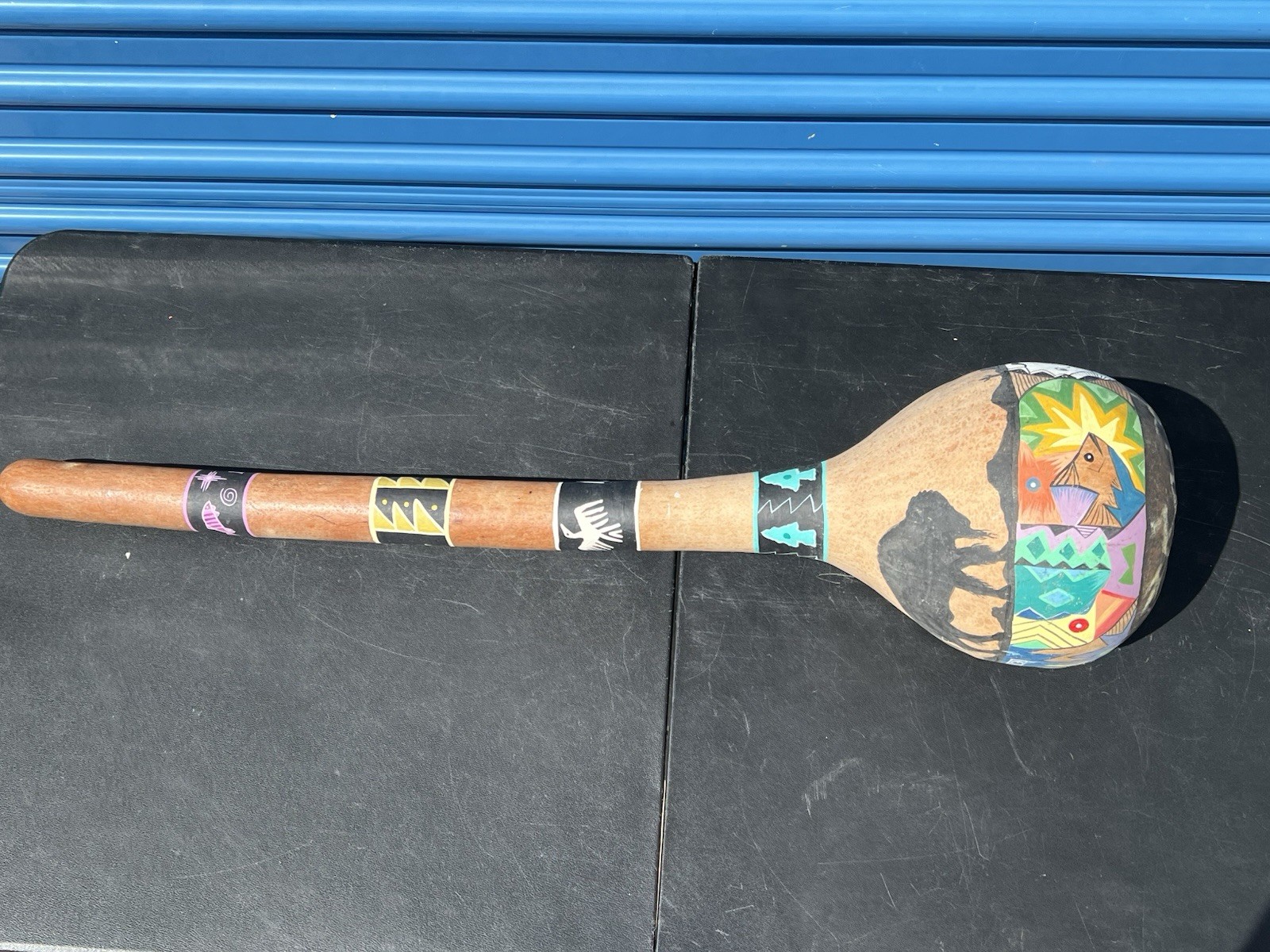Karen Easter Signed Hand Painted Gourd Rattle 35” Southwestern Folk Art Bison