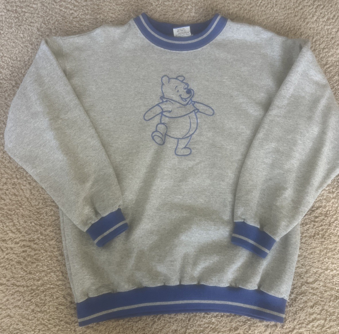 VTG 90s Disney Winnie the Pooh Blitzz Ringer Sweatshirt Embroidered Gray Blue