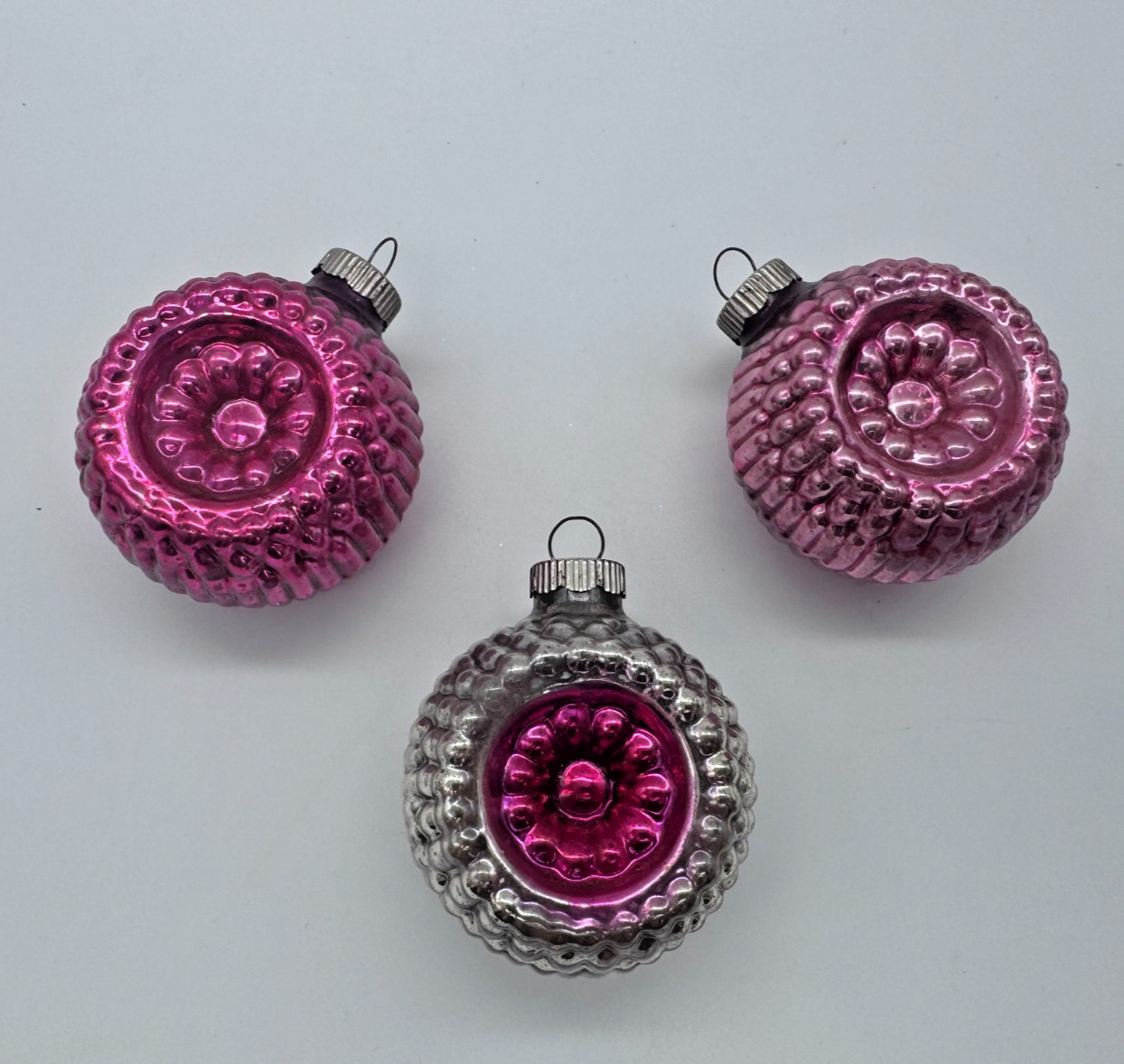 3 Vintage Shiny Brite Double Indent Bumpy Glass Christmas Ornaments Fuchsia Pink