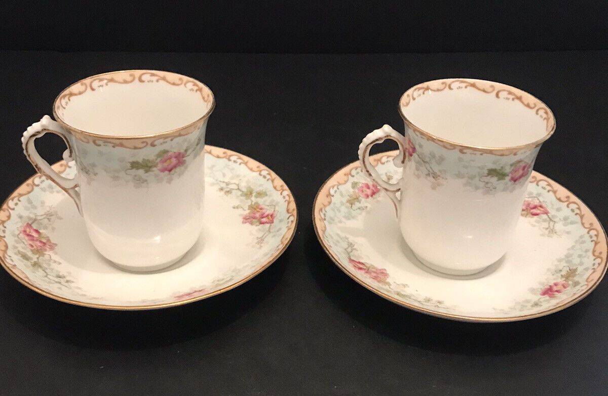 Pointons England Teacups And Saucers Set Of 2 Antique Floral Gold Trim RARE