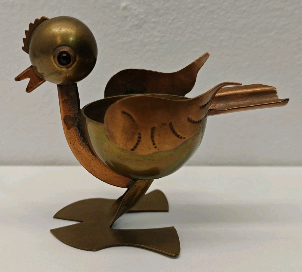 Vintage Los Castillo Taxco Bird Ashtray Brass Metal Figurine Green Eyes